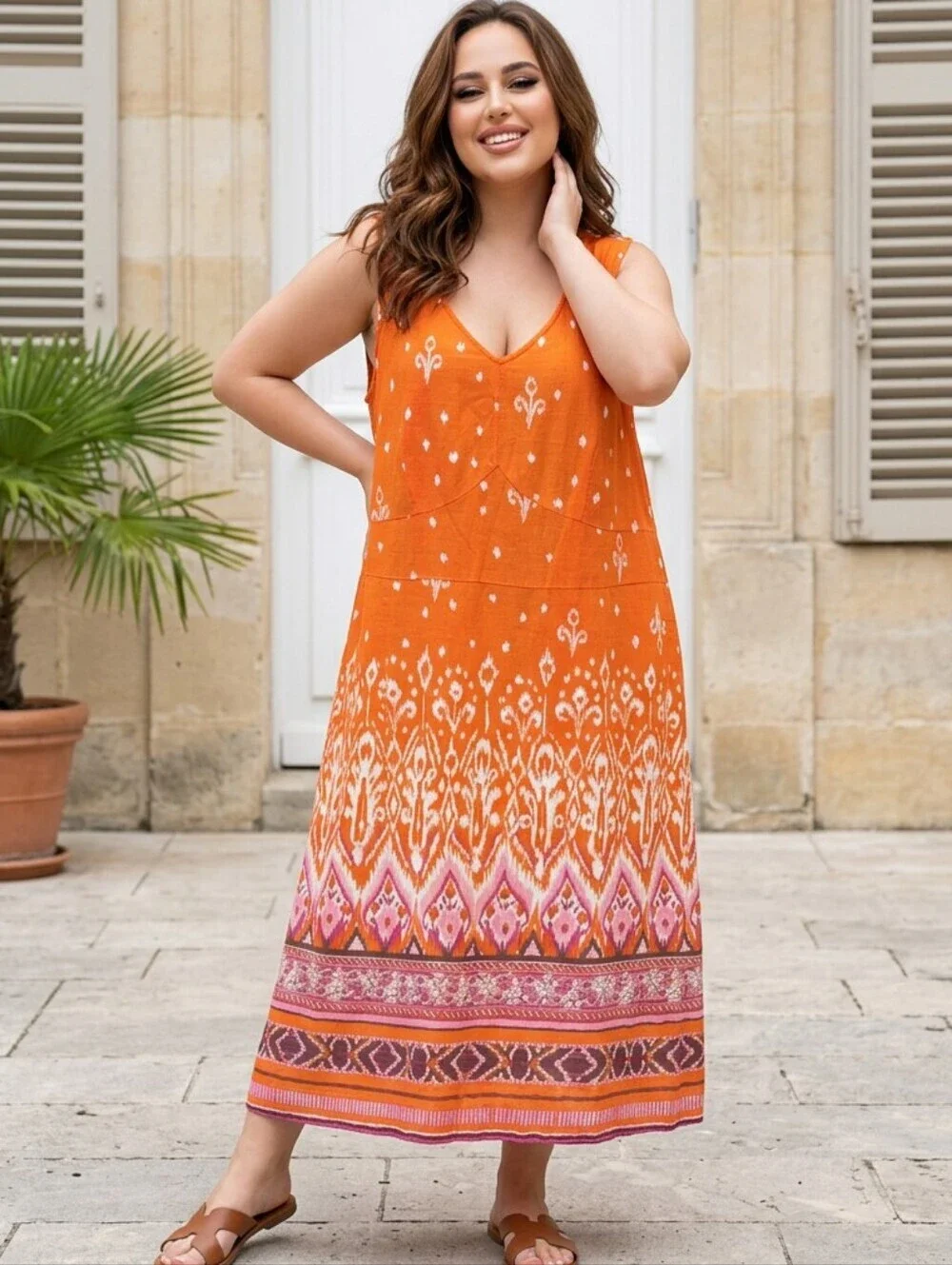 Avenue Linen Orange Pink Floral Aztec Design Midi Dress Sz 20